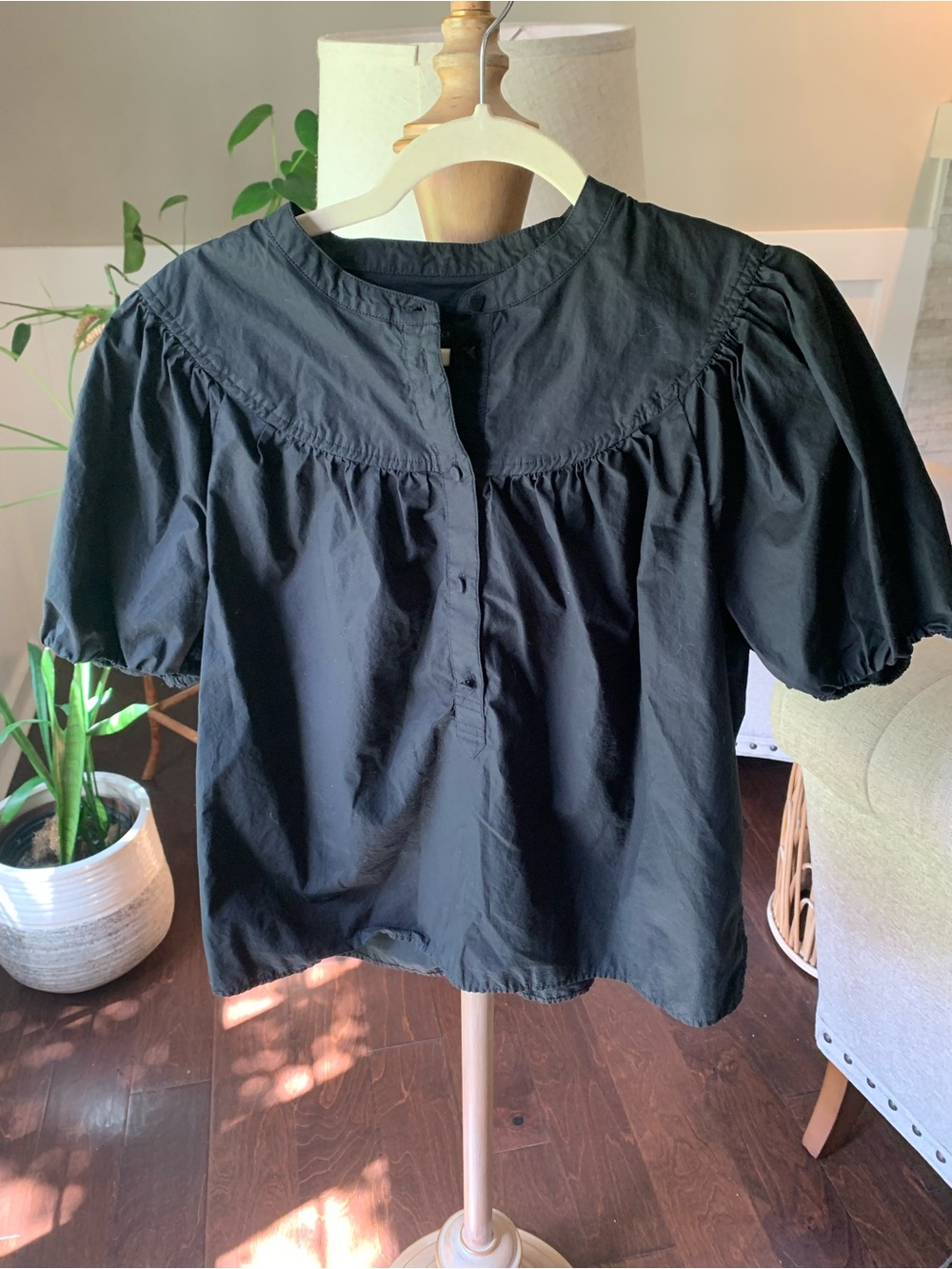J. Crew Black Puff-Sleeve Button-Front Blouse
